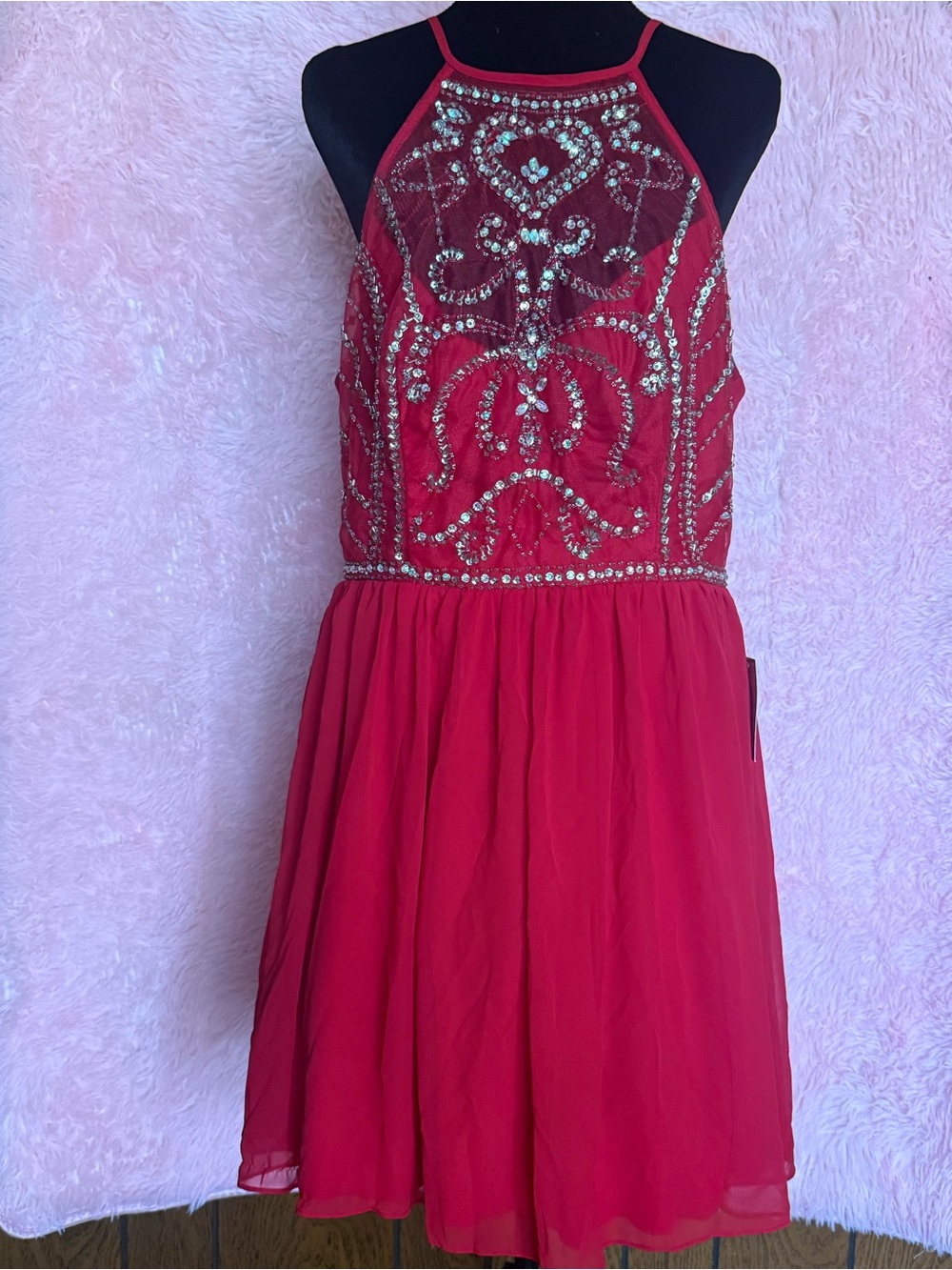 B. Darlin Red Beaded Rhinestone Chiffon Formal Dress Size 15/16 NWT